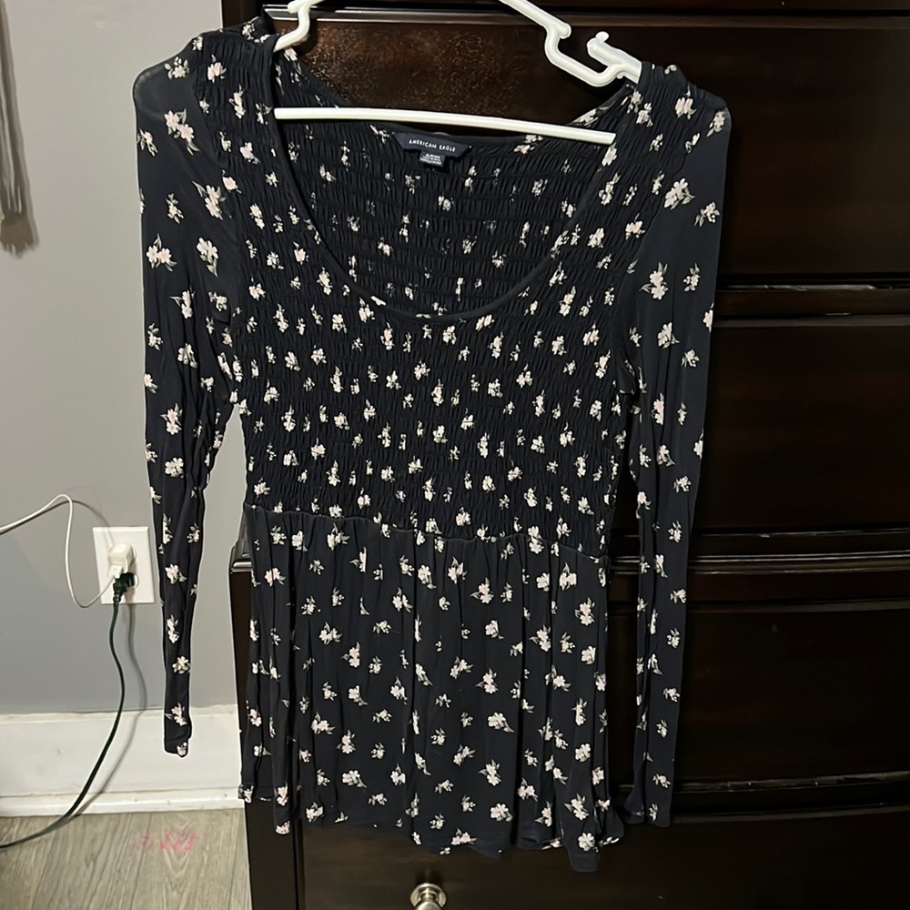 American Eagle Outfitters navy long sleeve scoop neck floral top